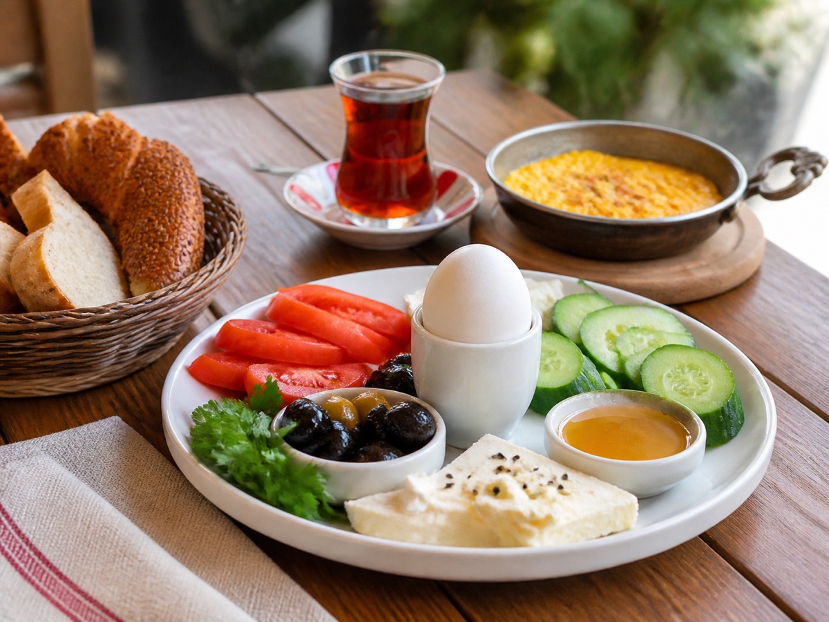 Çay eşliğinde kahvaltı tabağı